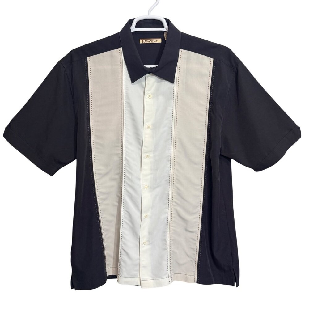 Havanera Co Shirt Mens XL Black Tan Rayon Polyester Button Camp Collar